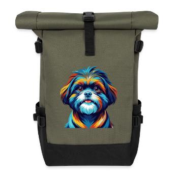 Shih Poo Dog Breed Colorful Cartoon Kawaii - Roll Top Backpack - olive/black - Front