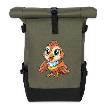 Spatz Niedliche Zeichentrickfigur Kawaii Clipart - Rolltop Rucksack - Olive/Schwarz - Vorne