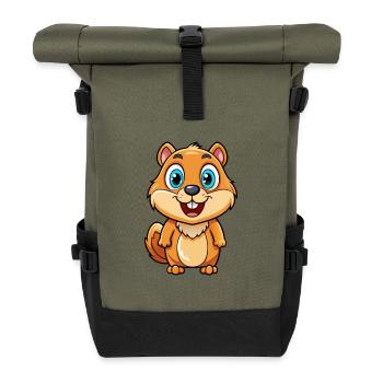 Gopher Niedliche Zeichentrickfigur Kawaii Clipart - Rolltop Rucksack - Olive/Schwarz - Vorne
