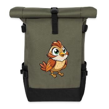 Spatz Niedliche Zeichentrickfigur Kawaii Clipart - Rolltop Rucksack - Olive/Schwarz - Vorne