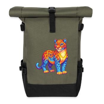 Amur Leopard Colorful Kawaii Cartoon Character - Roll Top Backpack - olive/black - Front