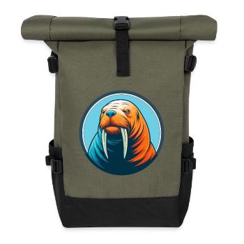 Walrus Cute Kawaii Cartoon Clipart Animal Pet Logo - Roll Top Backpack - olive/black - Front