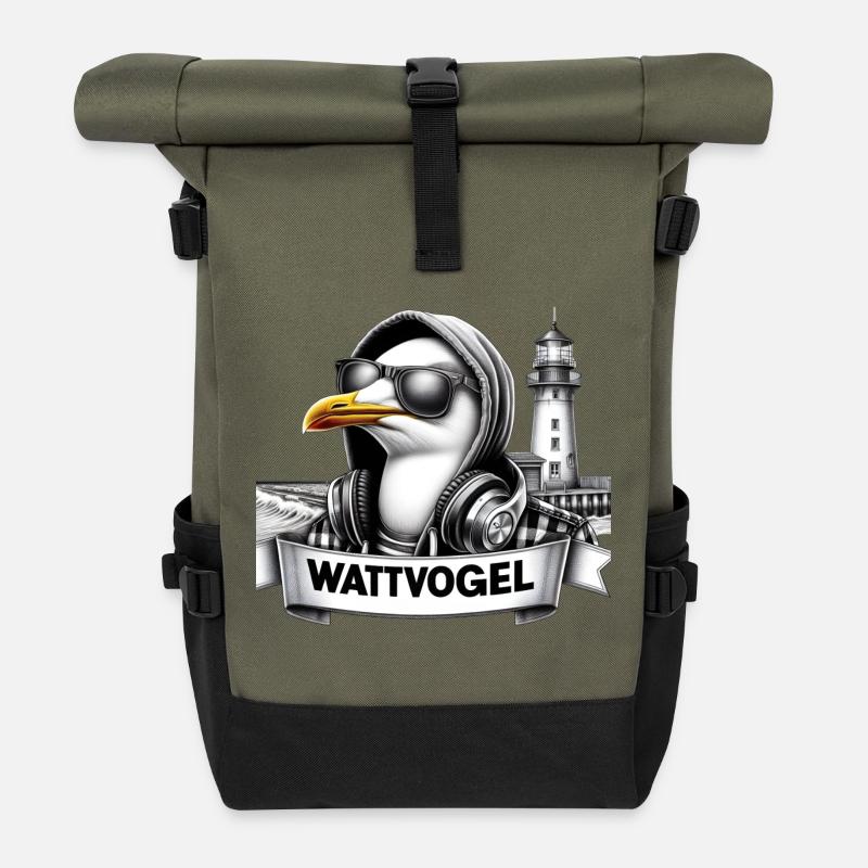 Coole Möwe Wattvogel mit Sonnenbrille und Kapuze - Rolltop Rucksack - Olive/Schwarz