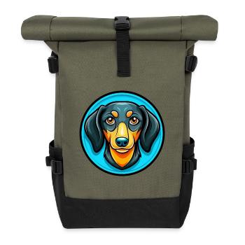 Dackel Hund Bunte Kawaii Zeichentrickfigur - Rolltop Rucksack - Olive/Schwarz - Vorne