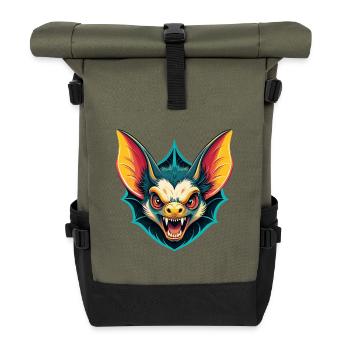 Fledermaus Niedlich Kawaii Cartoon Clipart Tier Gesicht - Rolltop Rucksack - Olive/Schwarz - Vorne