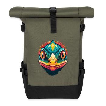Chamäleon Niedliches Kawaii Cartoon Clipart Tier Gesicht - Rolltop Rucksack - Olive/Schwarz - Vorne