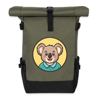 Koala Kawaii Cartoon Figur Tier Haustier Gesicht - Rolltop Rucksack - Olive/Schwarz - Vorne