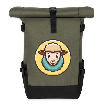 Schaf Kawaii Cartoon Figur Tier Haustier Gesicht - Rolltop Rucksack - Olive/Schwarz - Vorne