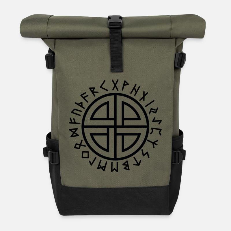 Schwarzer Runen-Schildknoten - Rolltop Rucksack - Olive/Schwarz