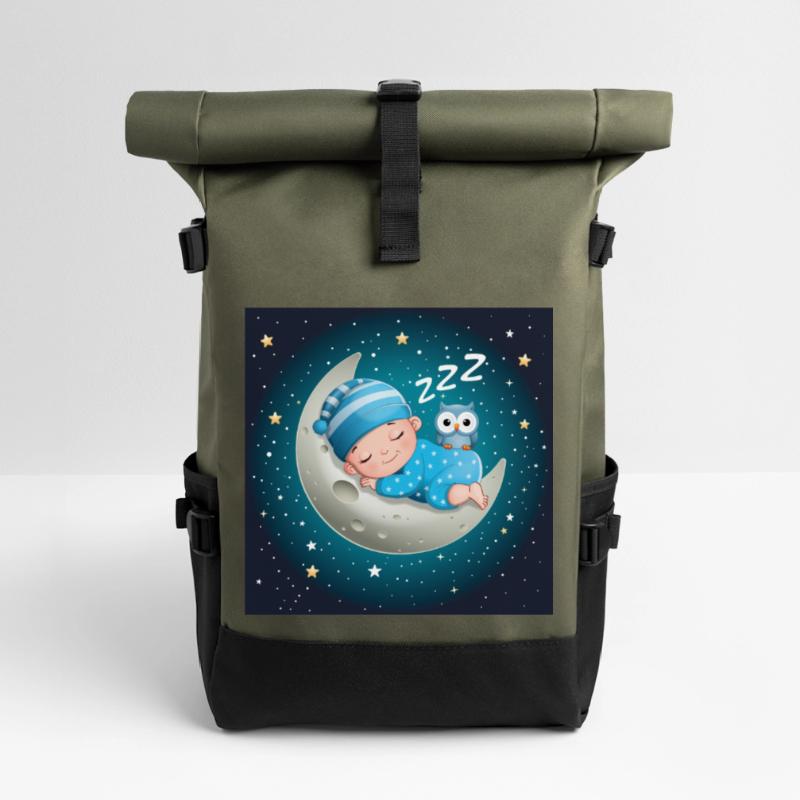 Schlafender Junge auf dem Mond mit einer Eule. Rolltop Rucksack