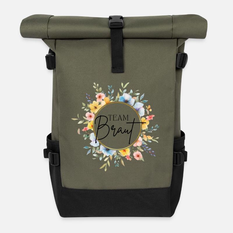 Team Braut! Personalisierbar - Rolltop Rucksack - Olive/Schwarz