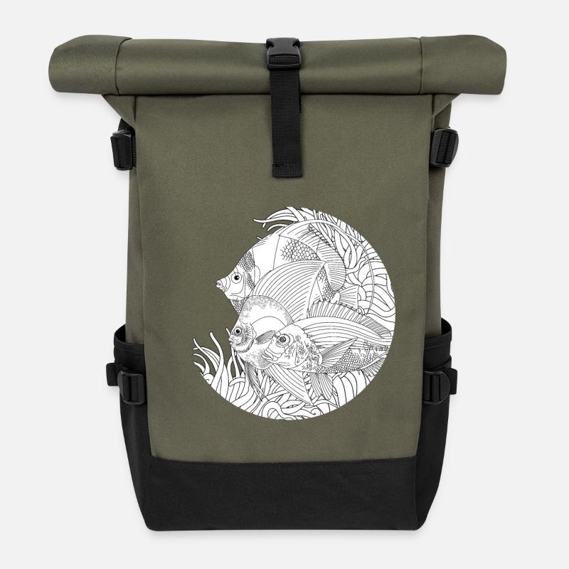 Fish Ocean Black and White Drawing - Roll Top Backpack - olive/black