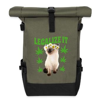 Cat Stoned Stoned Smoking Weed, Hemp Leaf, Hippie - Roll Top Backpack - olive/black - Front