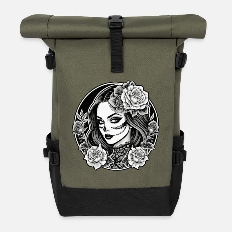 Dia de los Muertos Rose  - Roll Top Backpack - olive/black