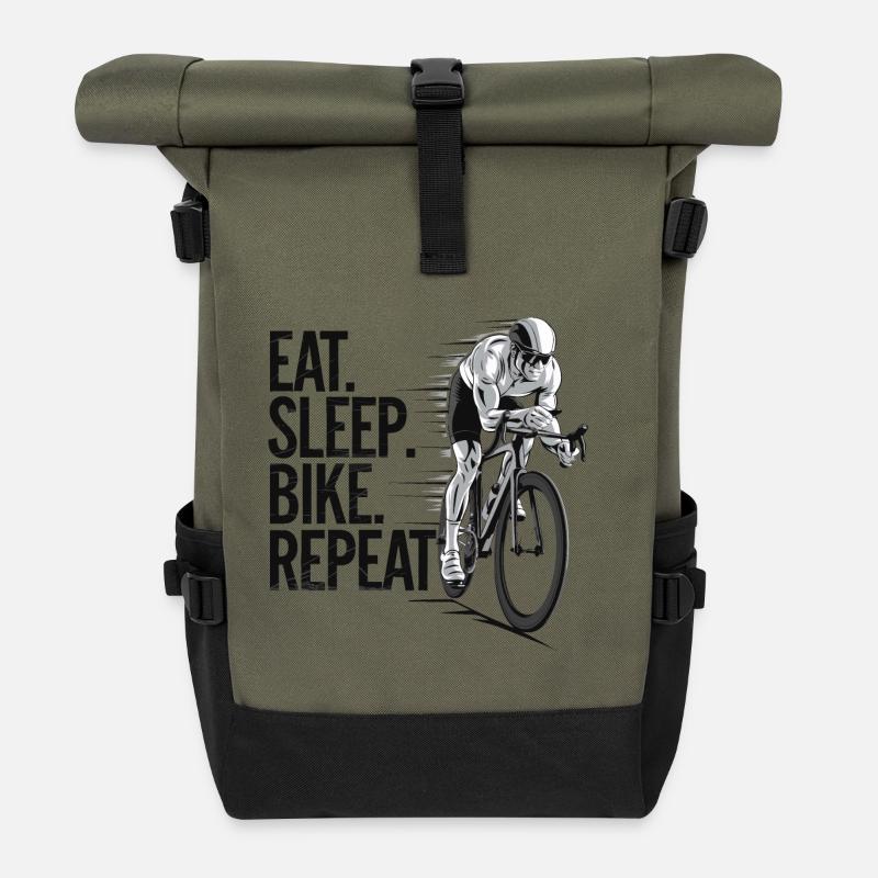 Fahrrad, Leidenschaft, Motivation, Essen, Schlafen - Rolltop Rucksack - Olive/Schwarz