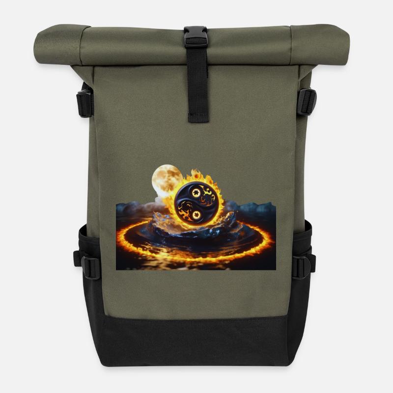 Big ying yang ball of fire submerging from water - Roll Top Backpack - olive/black