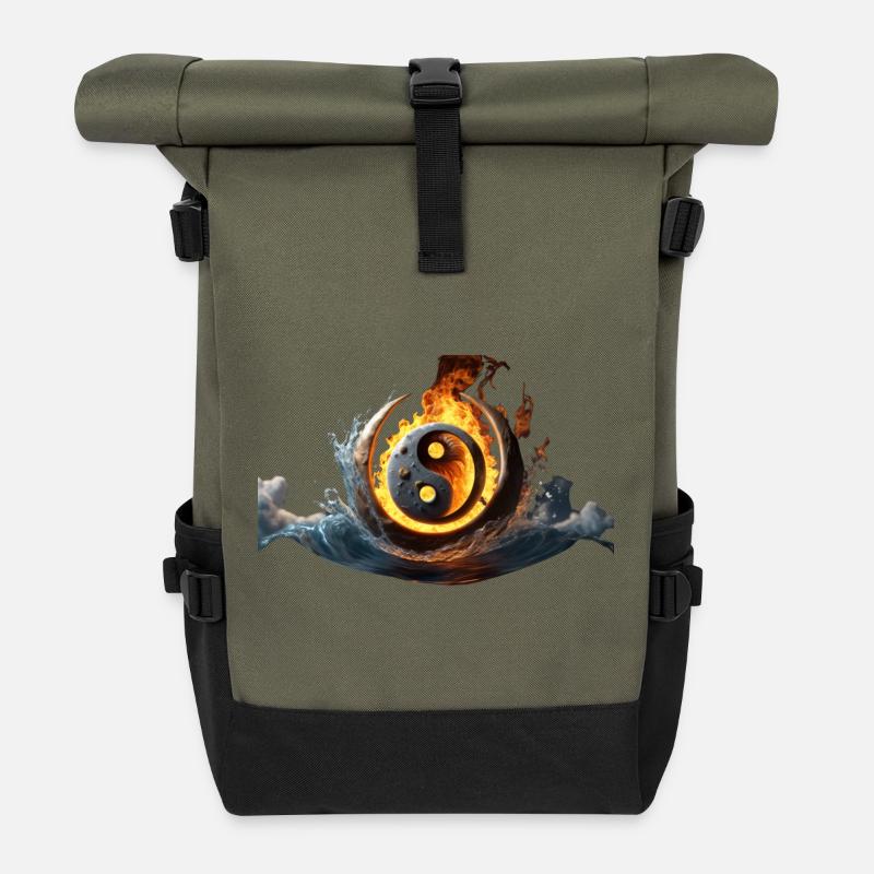ying yang ball of fire submerging from water - Roll Top Backpack - olive/black