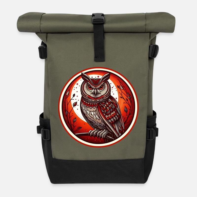 Roter Eulenkreis Emblem - Eule - Nachtvogel - Rolltop Rucksack - Olive/Schwarz