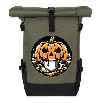 Halloweenkürbis trinkt eine Tasse Tee - Rolltop Rucksack - Olive/Schwarz - Vorne