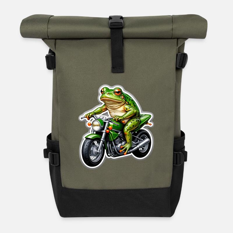 Frosch auf Motorrad - Rolltop Rucksack - Olive/Schwarz