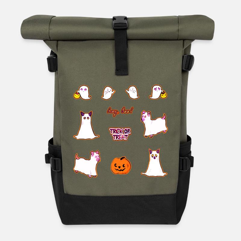 Süßes oder Saures - Niedliche Cartoon-Tiergeister - Rolltop Rucksack - Olive/Schwarz