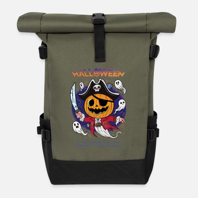 Captain Pumpkin Halloween | Candy Conqueror - Roll Top Backpack - olive/black