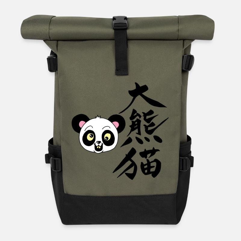 Panda manga kawaii - Sac à dos roll top - olive/noir