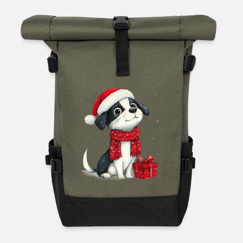 Weihnachtshund mit Bommelmütze - Rolltop Rucksack - Olive/Schwarz