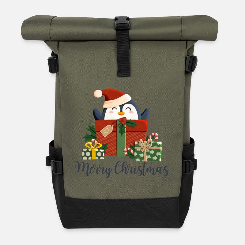 Merry Christmas - weihnachtlicher Pinguin - Rolltop Rucksack - Olive/Schwarz