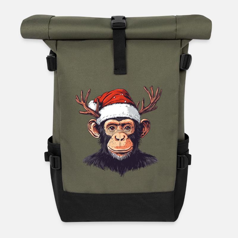 Affe mit Weihnachtsmütze und Geweih Weihnachten - Rolltop Rucksack - Olive/Schwarz