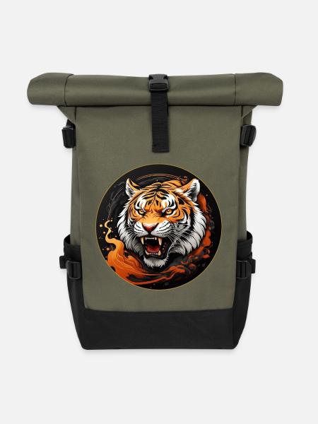 Tigerportrait Raubkatzendesign fauchender Tiger - Rolltop Rucksack - Olive/Schwarz
