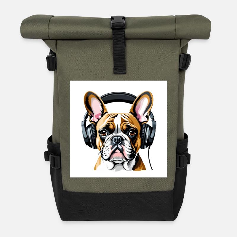 Neuartiges Hundemotiv mit Kopfhörern - Rolltop Rucksack - Olive/Schwarz