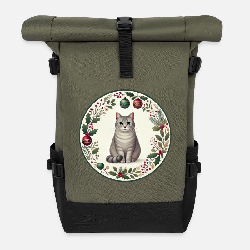 Motif de Noël avec le chat Vasili - Sac à dos roll top - olive/noir