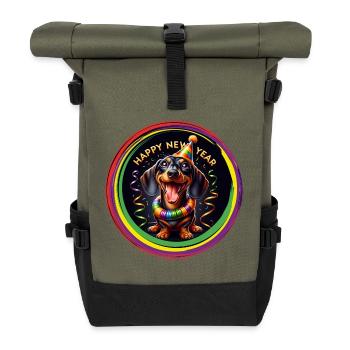 Frohes Neues Jahr lustiger Dackel feiert Silvester - Rolltop Rucksack - Olive/Schwarz - Vorne