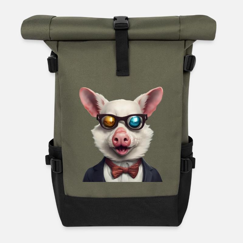Humorous Pig in Smart Suit with Shades - Roll Top Backpack - olive/black