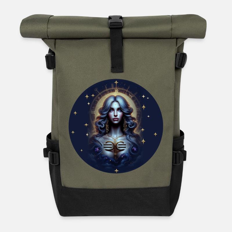 Mondschein Göttin Sternkreis - Sternzeichen Waage - Rolltop Rucksack - Olive/Schwarz