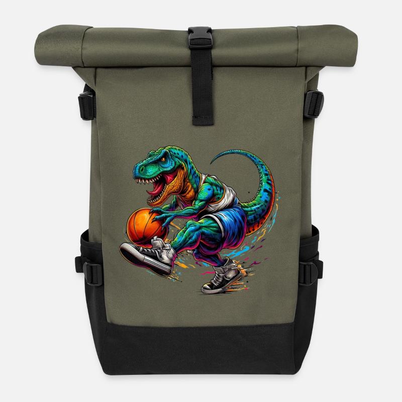 SSW34 Dino mit Basketball - Rolltop Rucksack - Olive/Schwarz