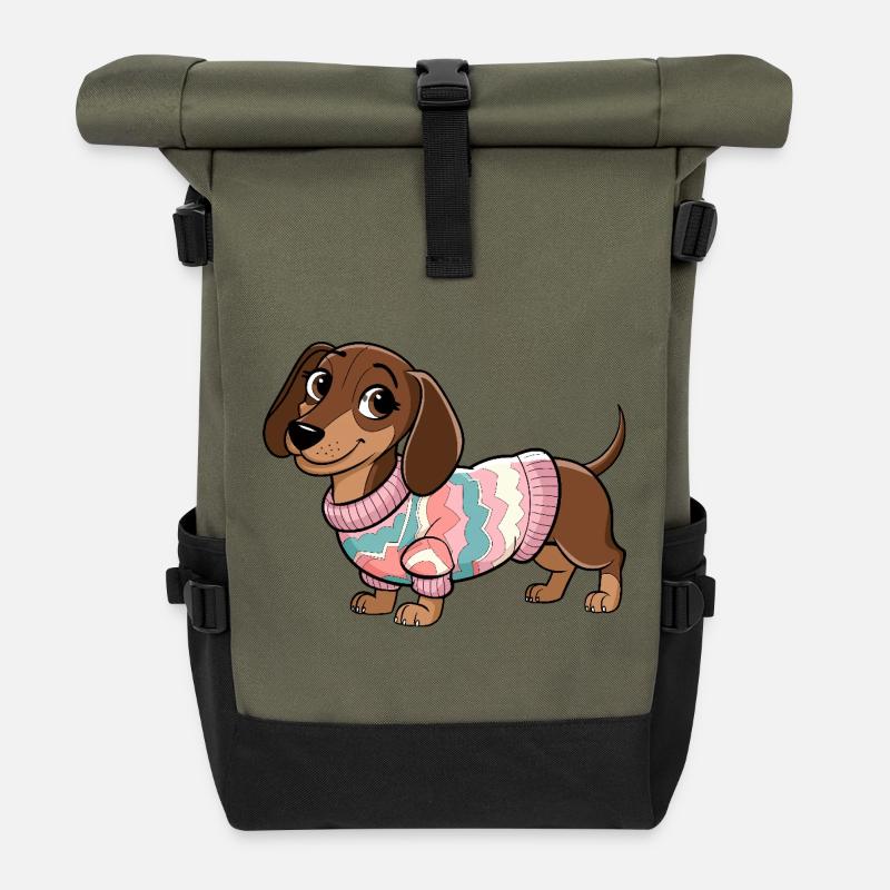 Cozy Sweater Dachshund - Roll Top Backpack - olive/black