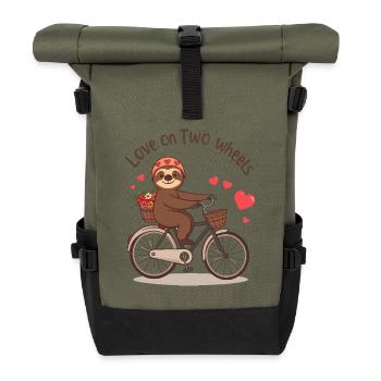 Charming Sloth on Vintage Bike with Heart Basket - Roll Top Backpack - olive/black - Front