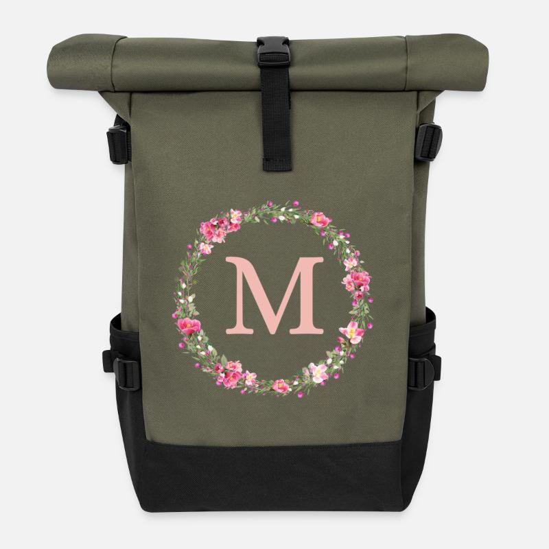 M Monogramm, Blumen-Kranz, personalisierbar - Rolltop Rucksack - Olive/Schwarz