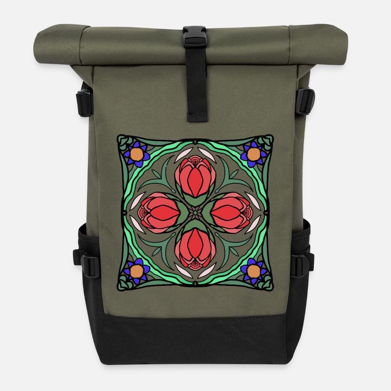 Art Déco Blüten Mandala - Rolltop Rucksack - Olive/Schwarz