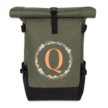 Q Monogram, Couronne de fleurs, Personnalisable - Sac à dos roll top - olive/noir - Devant