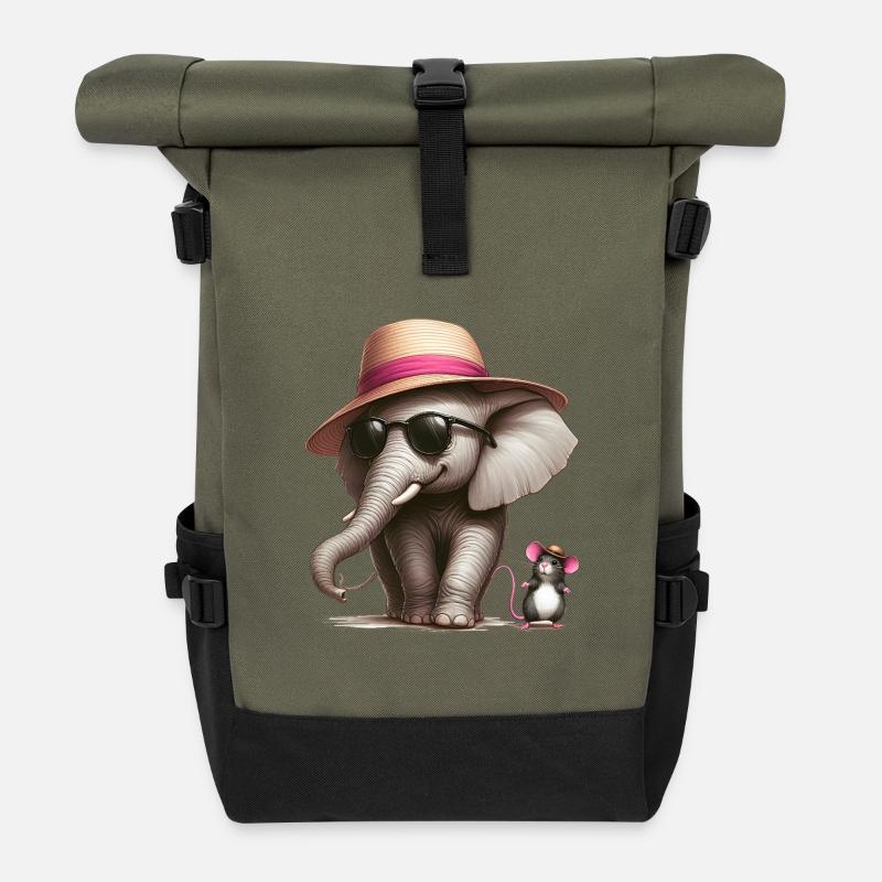 Éléphant avec souris - Sac à dos roll top - olive/noir