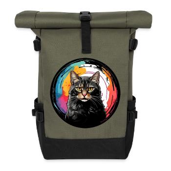 Portrait de chat mignon en technique d'aquarelle dans un cercle - Sac à dos roll top - olive/noir - Devant