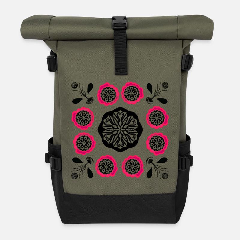 Flowerpower black and pink - Rolltop Rucksack - Olive/Schwarz