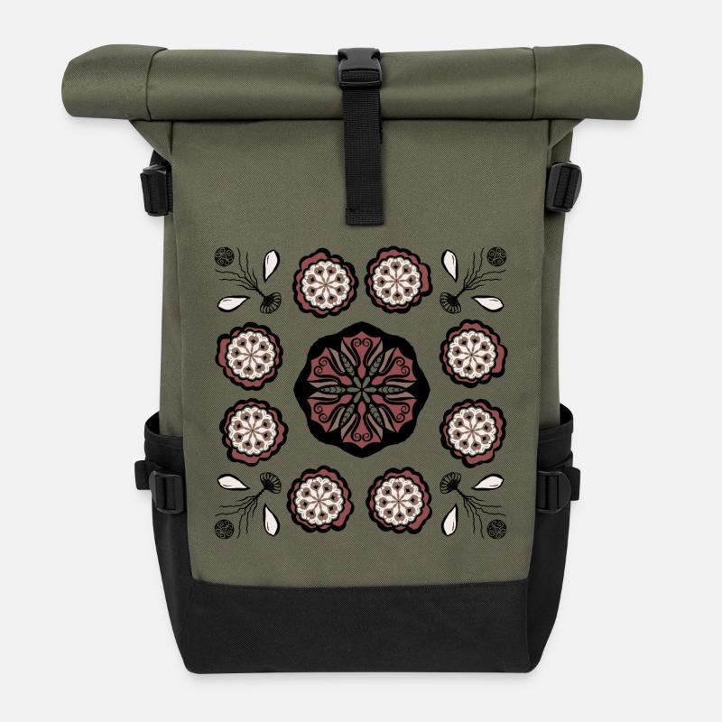 Dark flower mandala pattern - Roll Top Backpack - olive/black