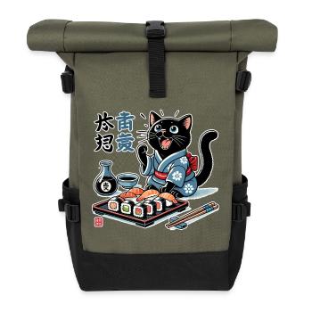 Sushi Schwarze Katze Kimono Maki Nigiri Geschenk - Rolltop Rucksack - Olive/Schwarz - Vorne