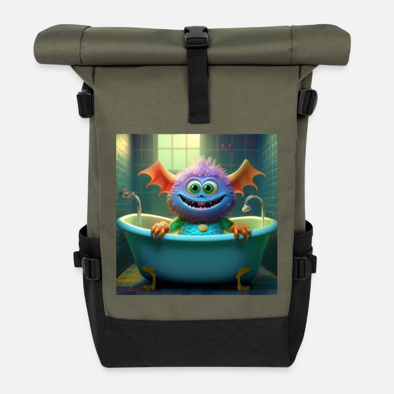 Kleines Monster badet - Rolltop Rucksack - Olive/Schwarz
