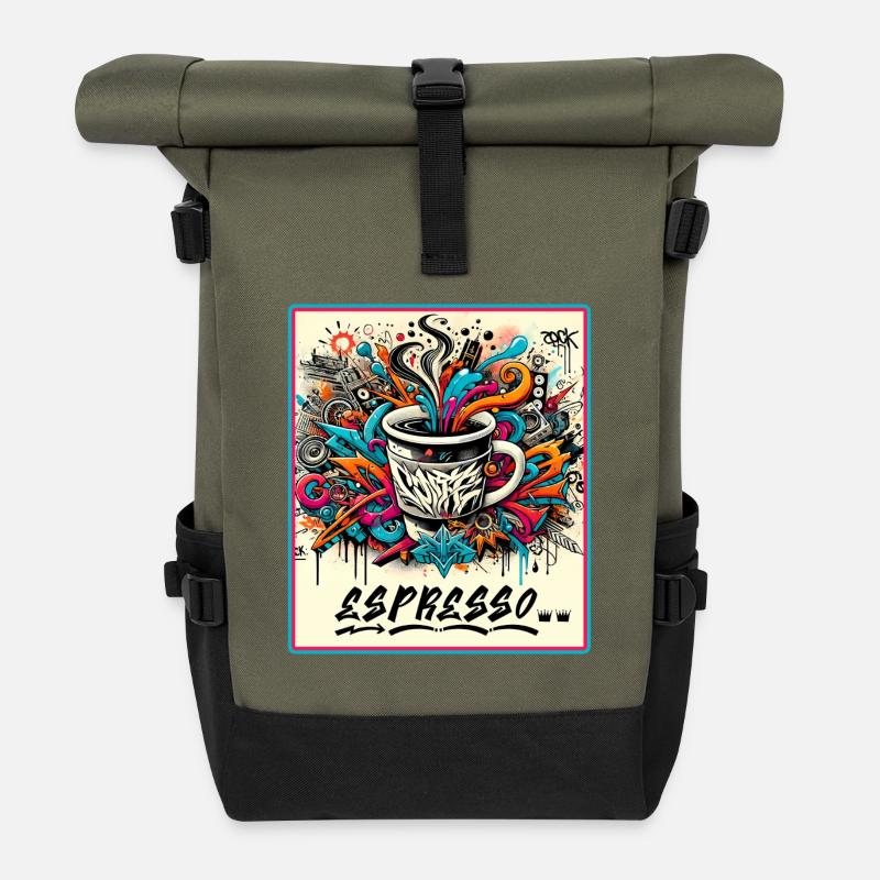 Espresso Graffiti Kaffee Design - Rolltop Rucksack - Olive/Schwarz