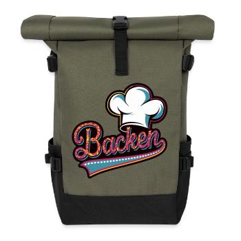 Backen mein Hobby - buntes Bäckermotiv - Rolltop Rucksack - Olive/Schwarz - Vorne